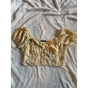 Yellow Floral Ruffle Puff‎ Sleeve Crop Top Sweetheart Neck S